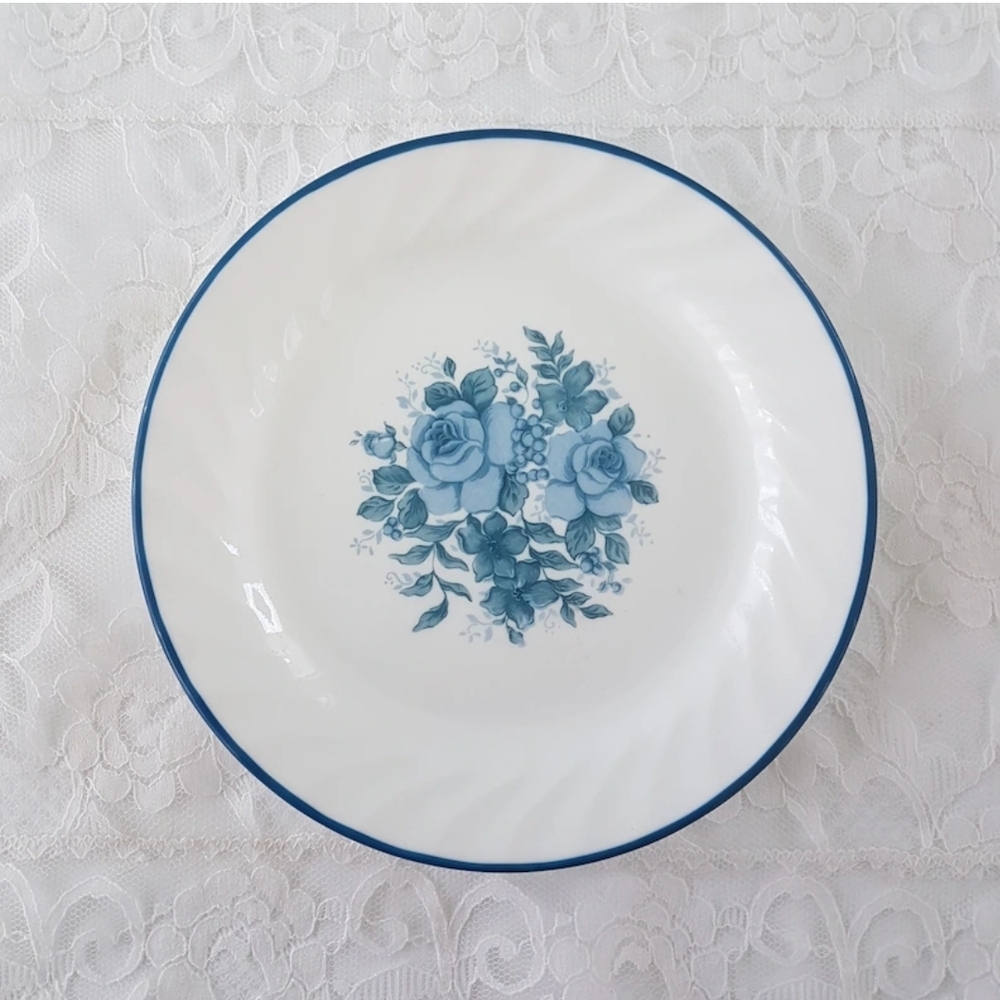 4pc Corelle BLUE VELVET Side Plates, 7 Inch, Set of 4, Blue Roses, Swirl Rim